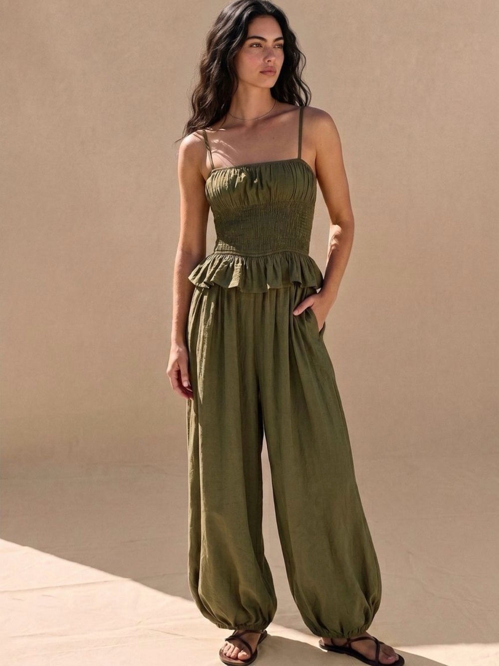 Commense Olive Green Smocked Jumpsuit with Ruffle Waist
